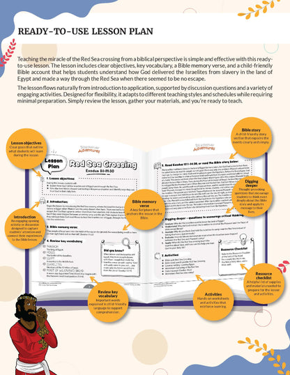 Lesson plan for teaching the Red Sea crossing from a biblical perspective, with colorful graphics and text.
