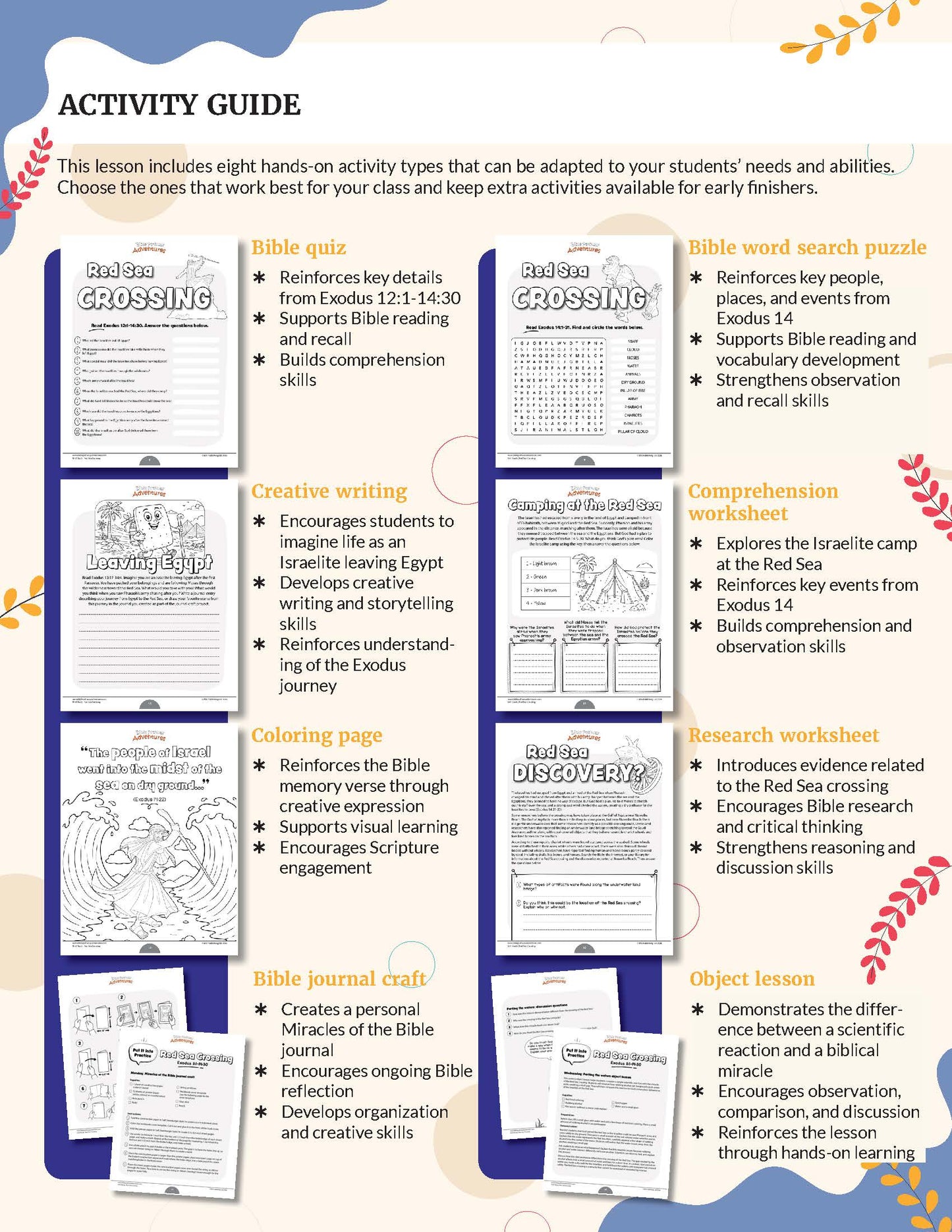 Red Sea Crossing' Bible study unit Activity guide with various educational worksheets on a white background