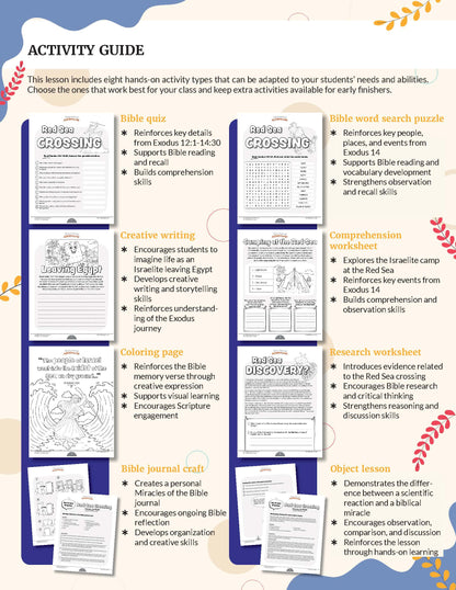 Red Sea Crossing' Bible study unit Activity guide with various educational worksheets on a white background