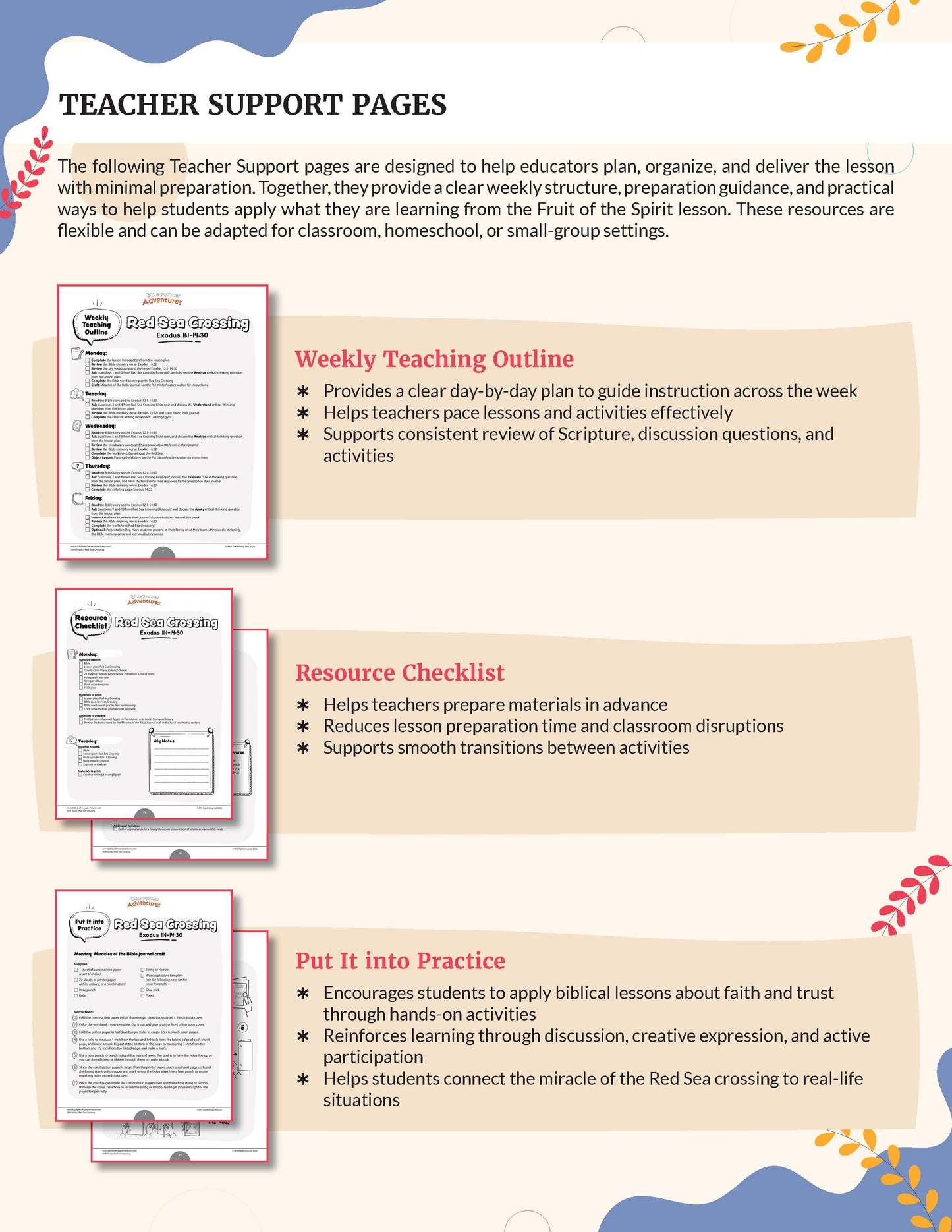 Red Sea Crossing' Bible study unit Teacher Support Pages with weekly teaching outline, resource checklist, and 'Put It Into Practice' sections.