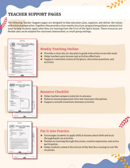 Red Sea Crossing' Bible study unit Teacher Support Pages with weekly teaching outline, resource checklist, and 'Put It Into Practice' sections.