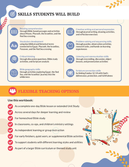 Red Sea Crossing' Bible study unit Educational infographic detailing skills students will build and flexible teaching options for a workbook.