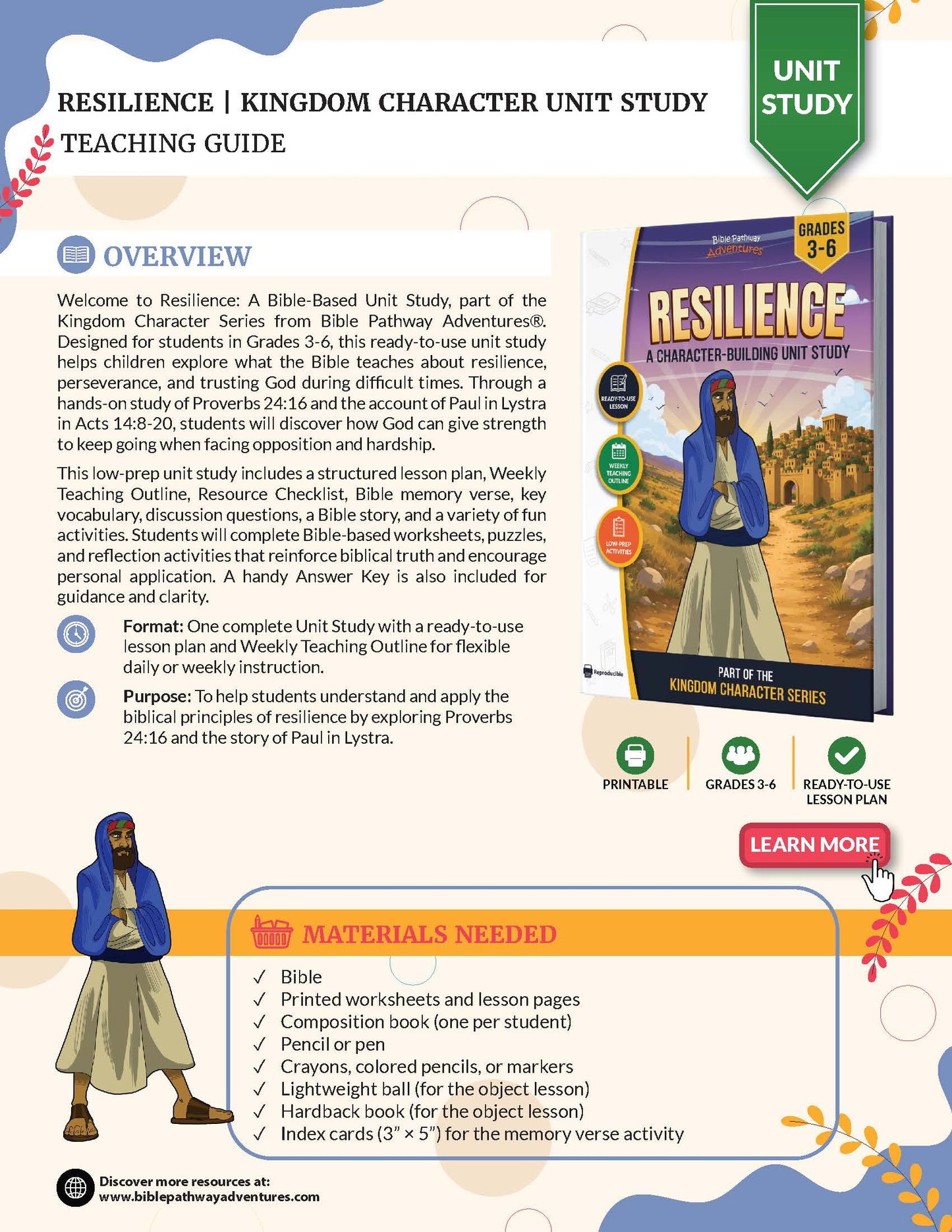 Teaching guide for a Bible-based unit study on resilience, featuring a character building unit study book.