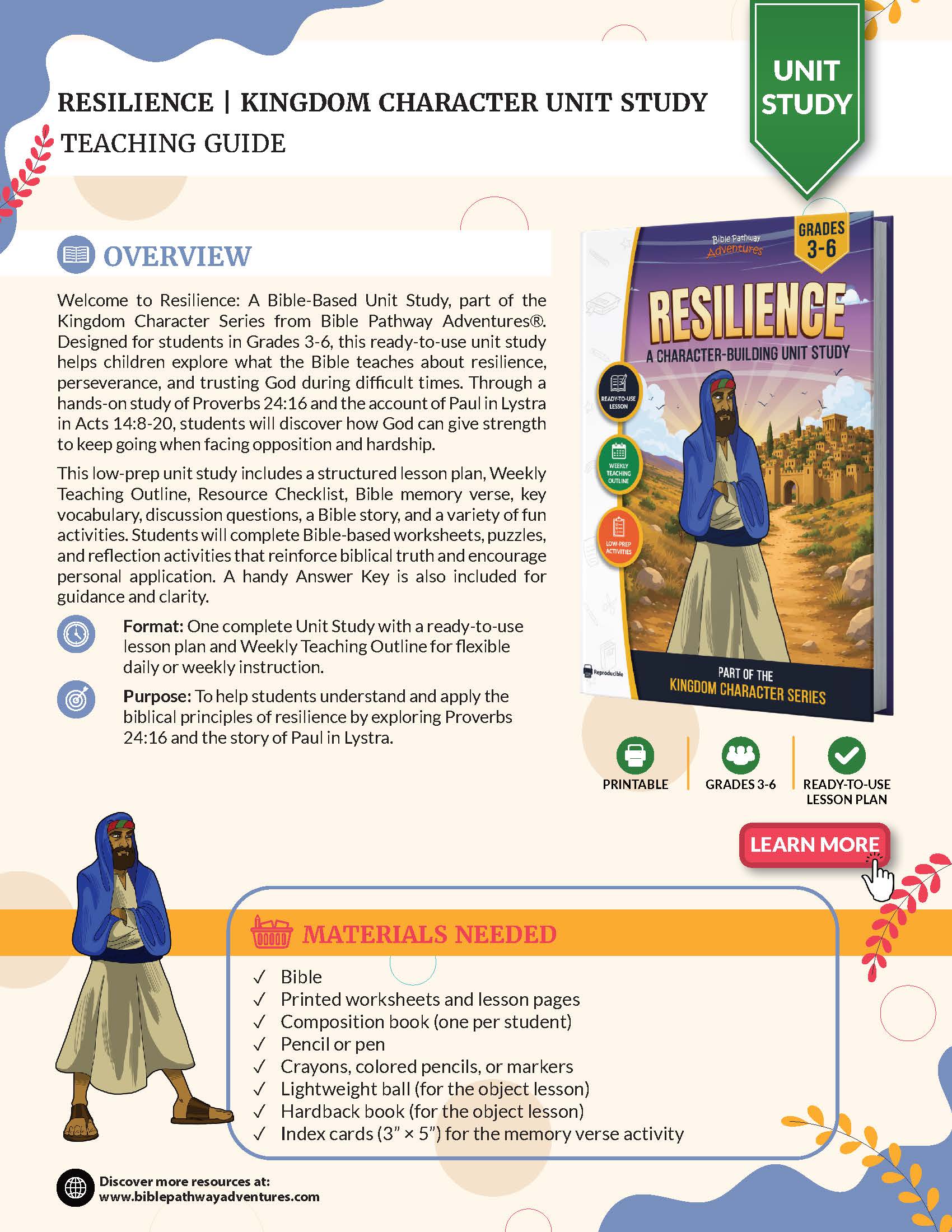 Teaching guide for a Bible-based unit study on resilience, featuring a character building unit study book.