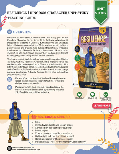Teaching guide for a Bible-based unit study on resilience, featuring a character building unit study book.