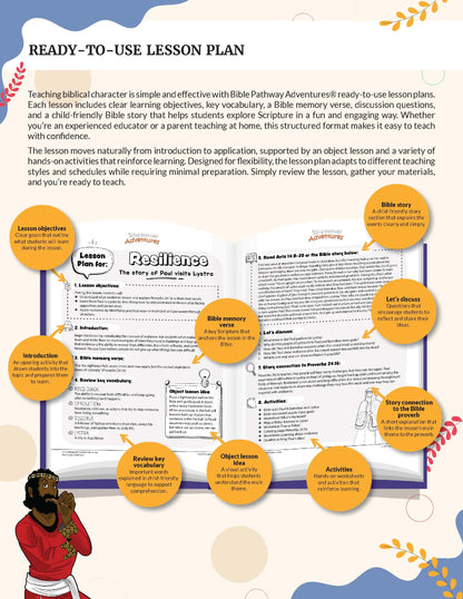 Lesson plan for teaching biblical character resilience with colorful graphics and text.