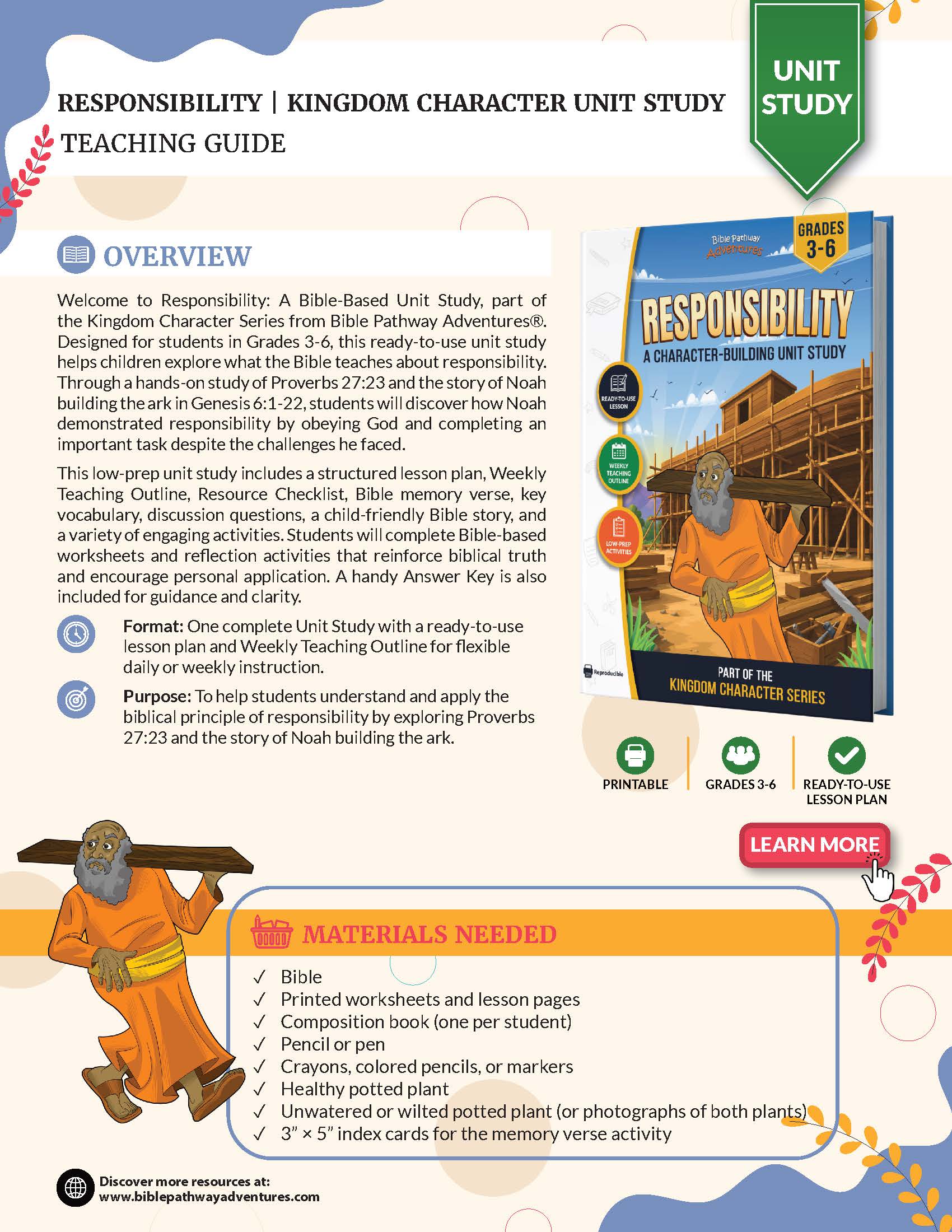 Teaching guide for a 'Responsibility' unit study with character-building activities and resources.