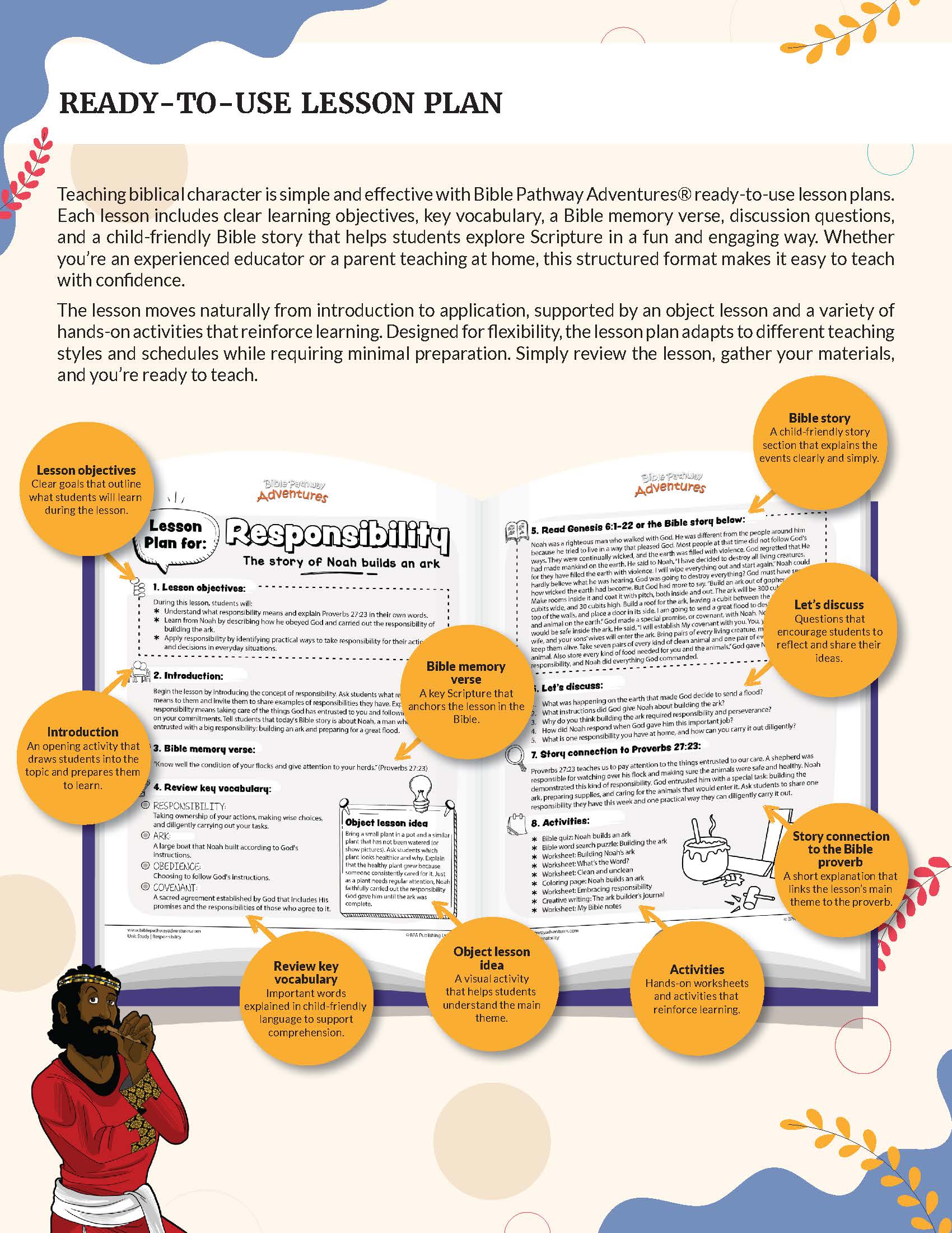 Lesson plan for teaching biblical character responsibility with colorful graphics and text.