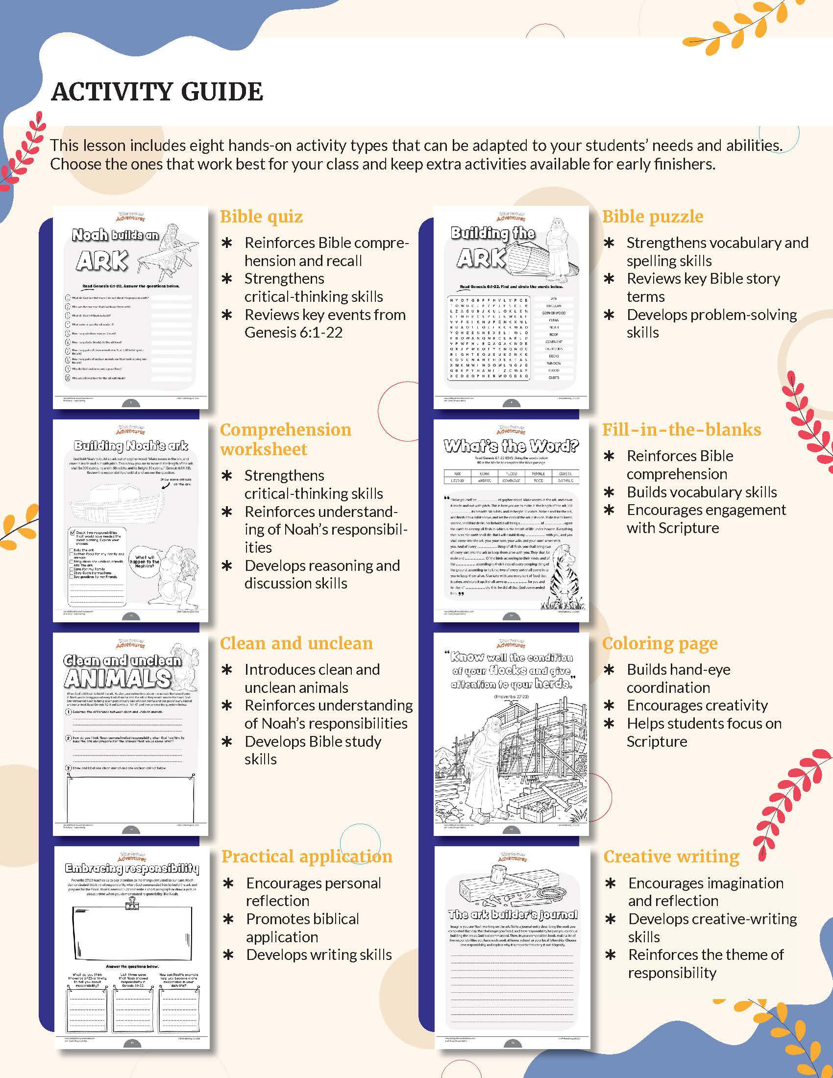 Responsibility' unit study with character-building activities and resources - Activity guide with various educational worksheets on a white background