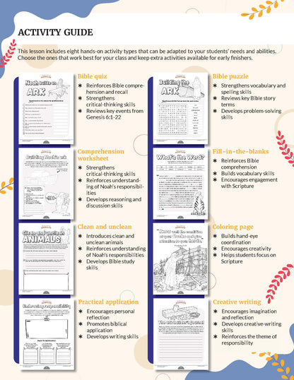 Responsibility' unit study with character-building activities and resources - Activity guide with various educational worksheets on a white background