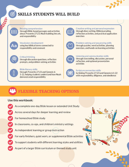 Responsibility' unit study with character-building activities and resources - Educational workbook with skills students will build and flexible teaching options on a colorful background.