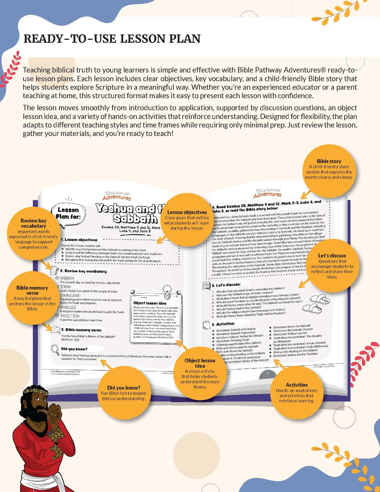 Yeshua and the Sabbath Workbook Lesson plan for teaching biblical truth to young learners with colorful graphics and text.