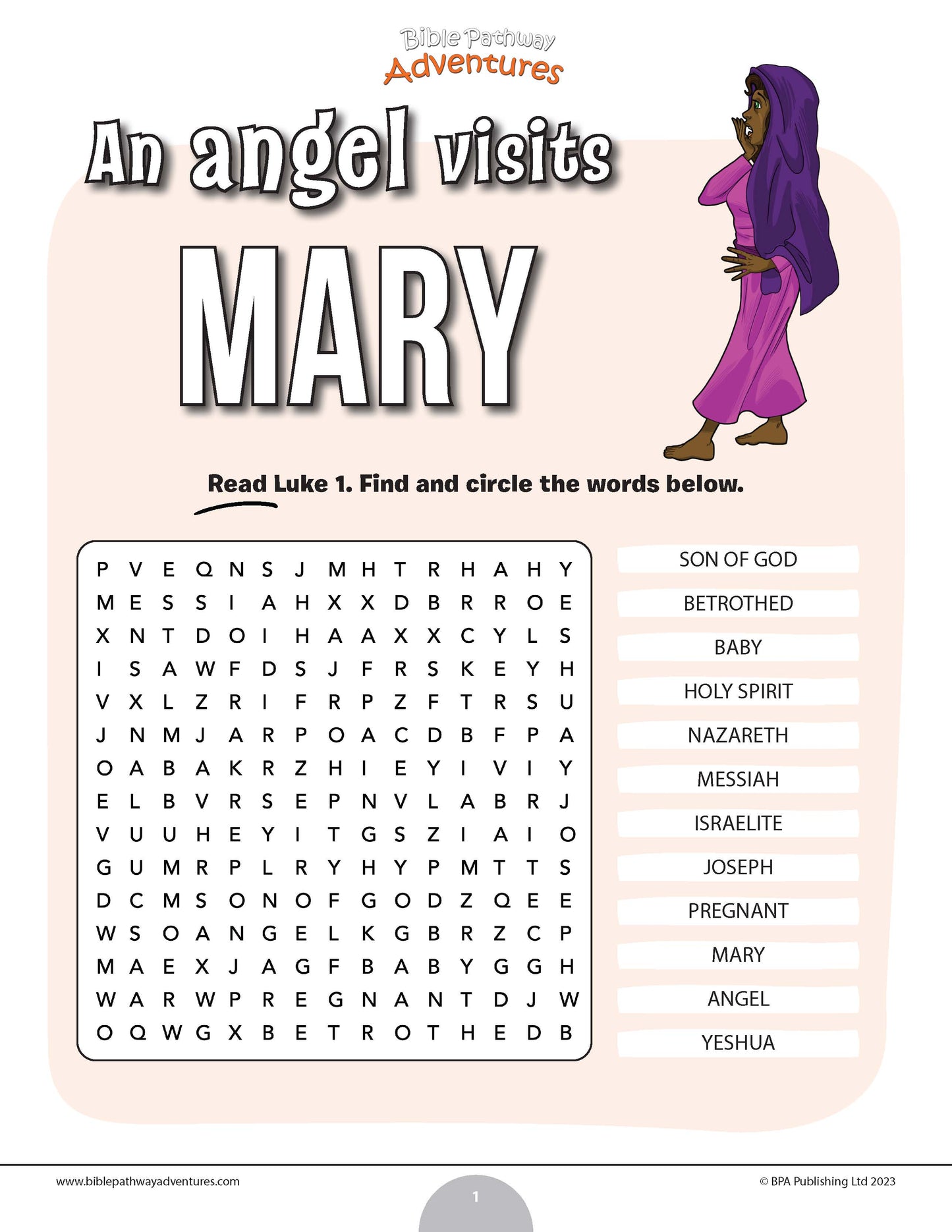 An Angel visits Mary word search