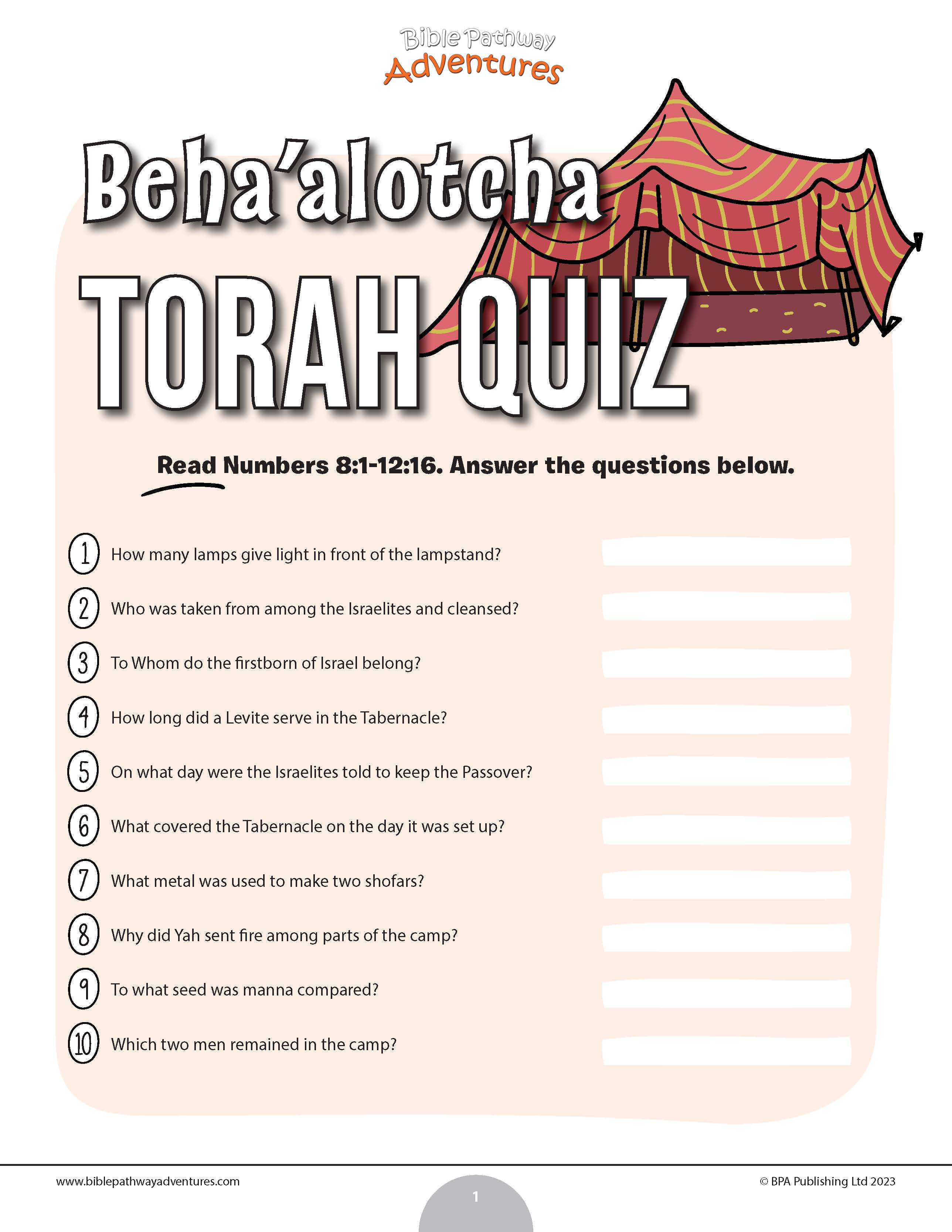 Beha’alotcha Torah Quiz (PDF) – Bible Pathway Adventures