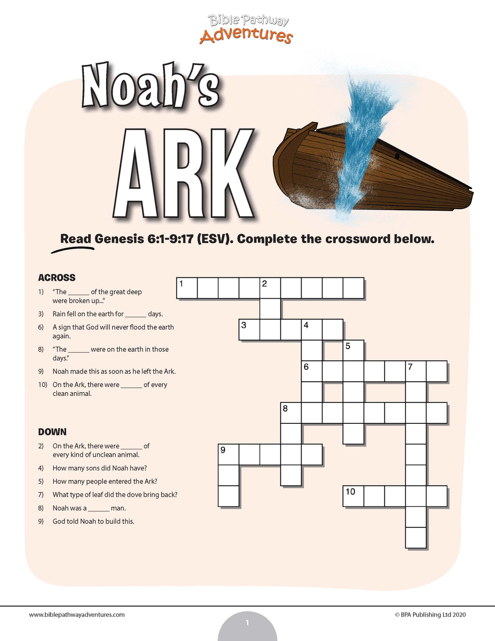 Noah s Ark crossword puzzle (PDF) Bible Pathway Adventures