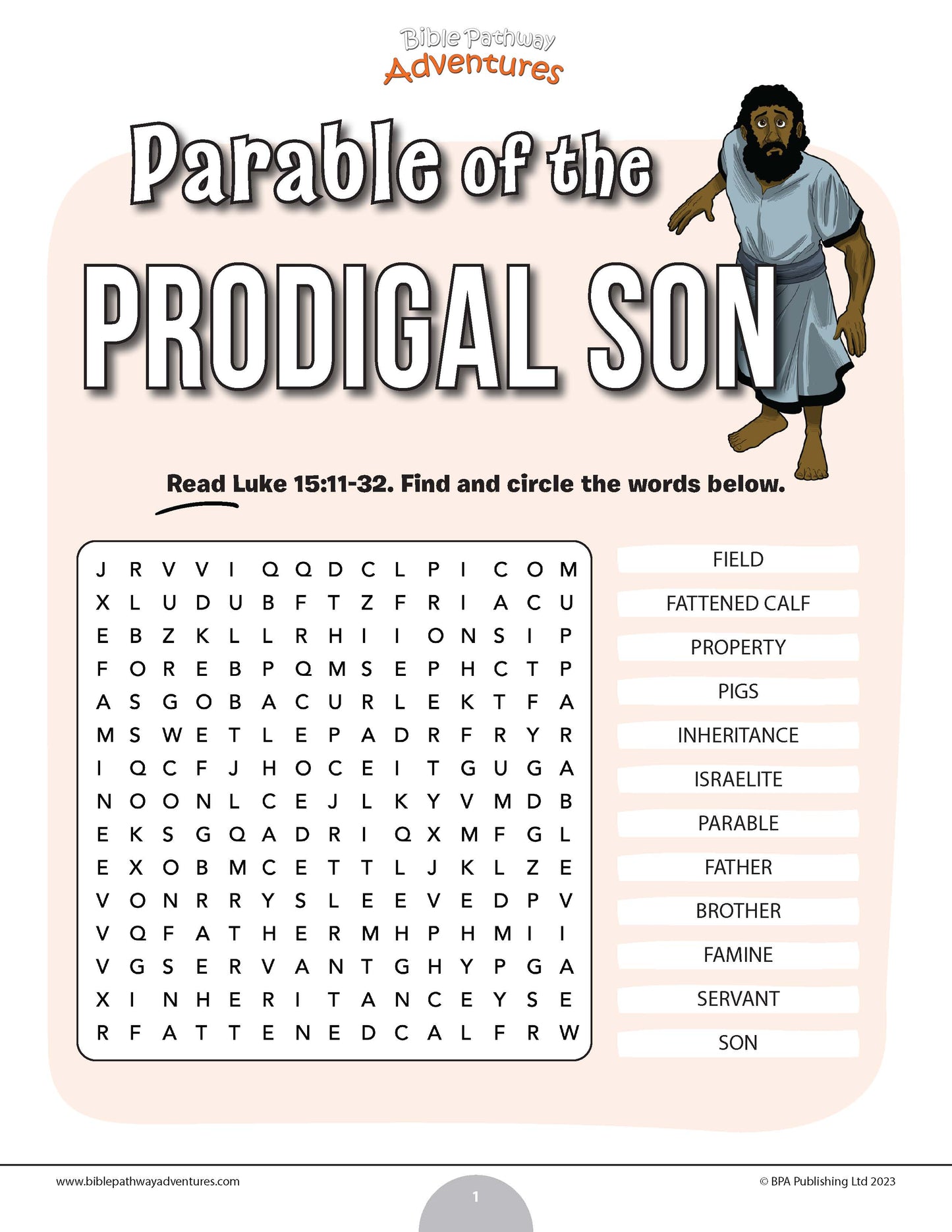 Sopa de letras de la parábola del hijo pródigo