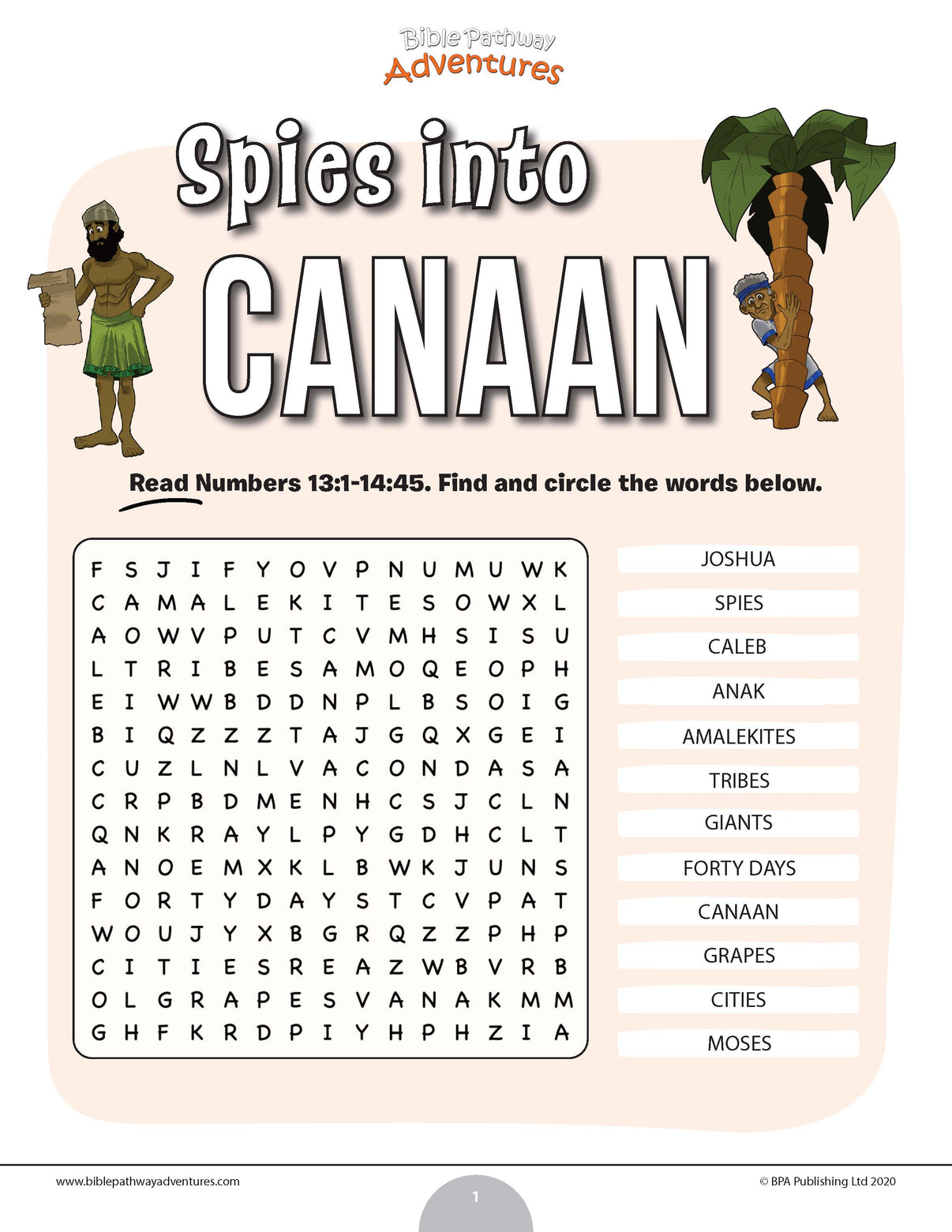 Spies into Canaan word search (PDF) Bible Pathway Adventures