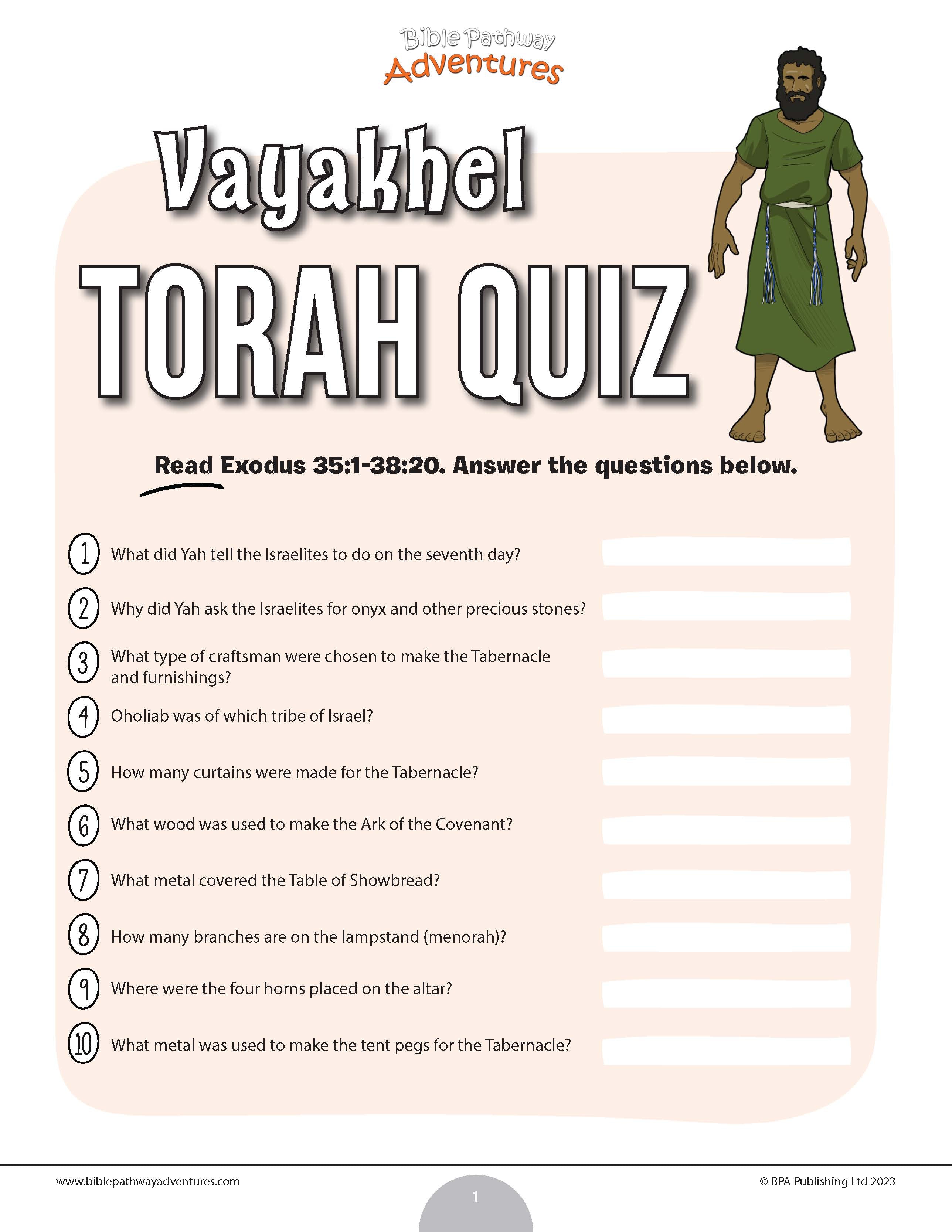 Vayakhel Torah Quiz (PDF) – Bible Pathway Adventures