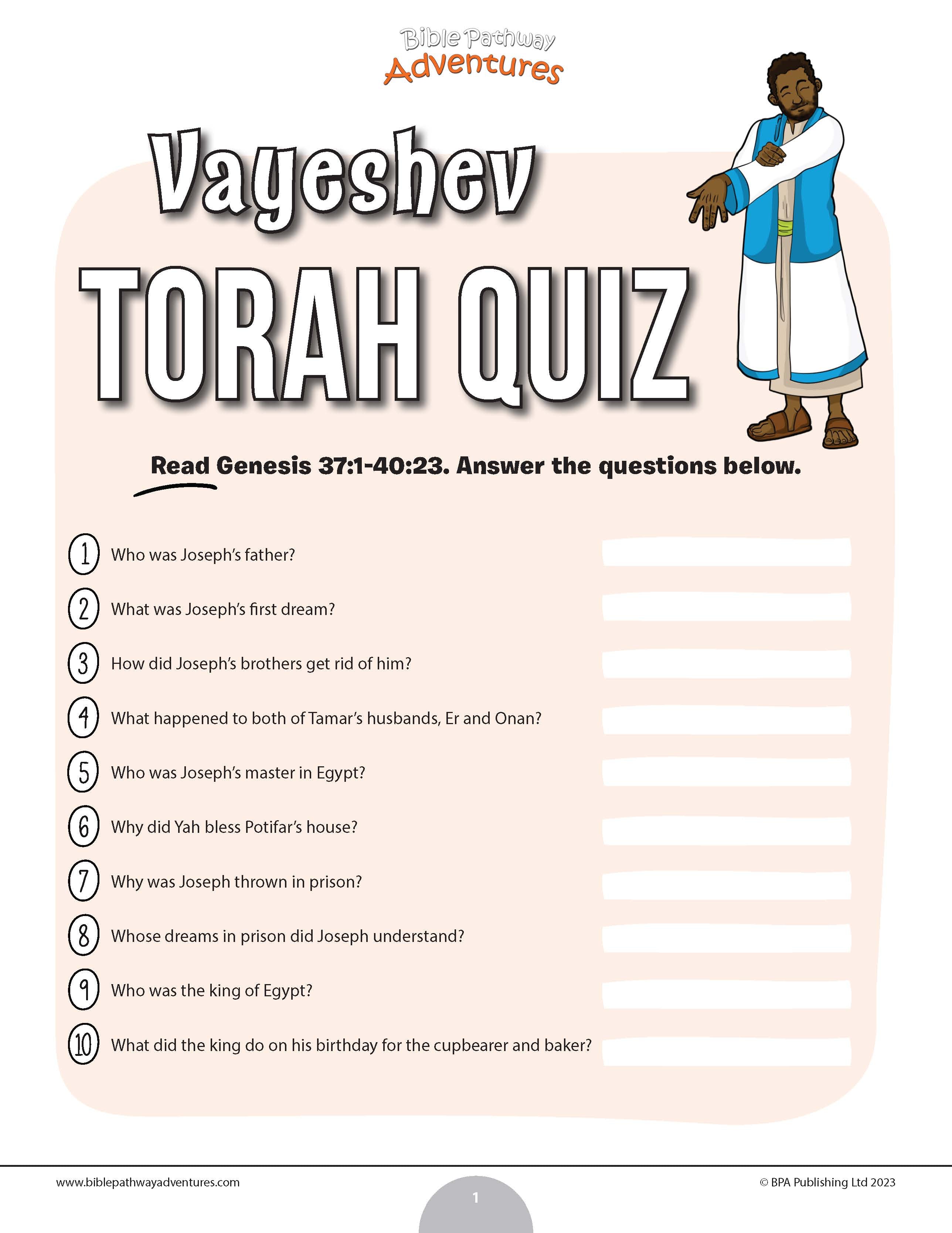 Vayeshev Torah Quiz (PDF) – Bible Pathway Adventures